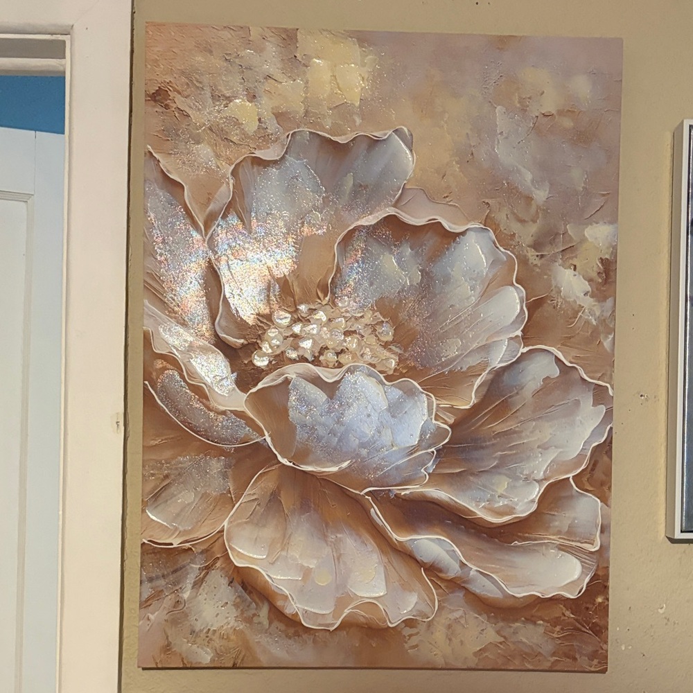 Large Textured Floral Canvas Wall Art in Champagne and Ivory